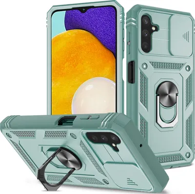 Produktbild von Galaxy A13 5G Hülle, Schiebe Kamera Schutz Robust Schutzhülle mit Ringhalterung Ständer Kartenhalter für Samsung Galaxy A13 5G Grün
