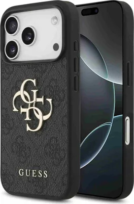 A black Guess branded phone case with a gold logo is shown on a gray background.