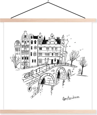 Produktbild von MuchoWow® Textilposter Amsterdam - Skizze - Schwarz - Weiß 60x60 cm mit holzfarbenen Rahmen - Wanddekoration