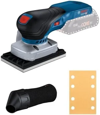 A cordless orbital sander with accessories, including sandpaper and a dust bag, displayed against a white background.
