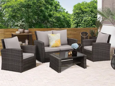 Produktbild von MeXo Gartenmöbel Set Lounge Set Polyrattan Lounges 4-teile für 3-4 Personen Garten & Balkon & Terrasse Sitzmöbel-Set grau