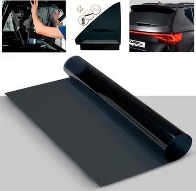 A collage of images showing car window tinting film, tools for application, and a car with tinted windows.