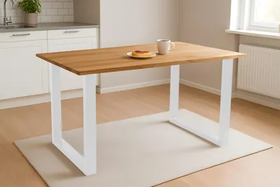 Produktbild von Esstisch 120x80 cm Baumkante Eichenholz massiv geölt U-Gestell weiß SALVADOR