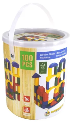Produktbild von Marionette Wooden Toys Bausteine Holz - Spielzeug ab 2 Jahren - 100 Stück - im Aufbewahrungsbehälter - Rot, Gelb, Grün und Blau