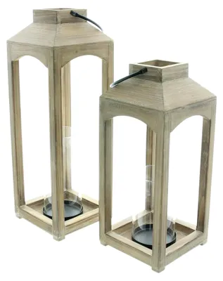 Produktbild von Laterne Wood, 2er Set, Holz, weiß gekalkt, Maße: 16 x 16 x 38 cm, 16 x 16 x 48 cm, Glaszylinder Ø 8 x 15 cm, Ø 8 x 20 cm, ohne Kerzen, stimmungsvolle, natürliche Beleuchtung