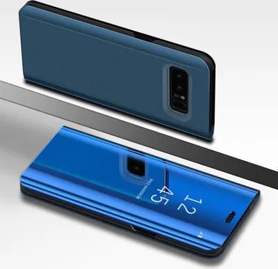 Two blue phone cases are shown, one open and one closed, on a light gray and white surface.