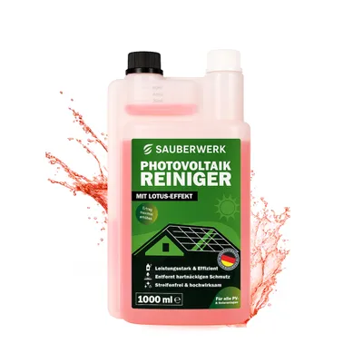 Produktbild von SauberWerk® - Profi Photovoltaik & Solarpanel Reiniger 1L Konzentrat [MIT LOTUS-EFFEKT] - PV & Solar Modul & Anlage Reinigungsmittel (hochwirksam)