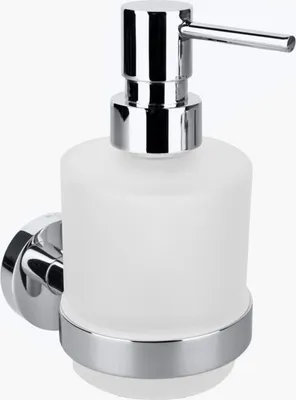 Produktbild von BOMEGA Glasseifenspender Messing Chrom poliert Milchglas 75x145x100 mm, 200 ml für Bad & Küche >> zum Bohren oder Kleben