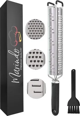 Produktbild von Unyqoos® 3-in-1 Zester & Küchenreibe aus Edelstahl – 3 Reibflächen (fein/mittel/grob), antirutsch-Silikongriff, Daumenauflage, inkl. Reinigungsbürste