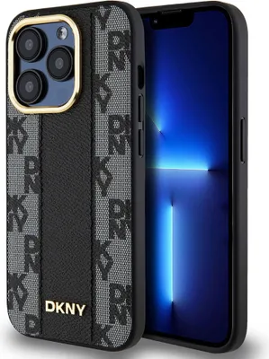 A close-up of a phone case with a checkered pattern and the DKNY logo, placed next to a smartphone.
