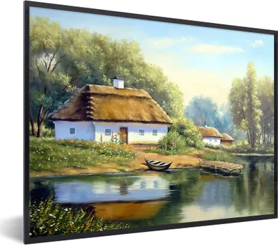 Produktbild von MuchoWow® Gerahmtes Poster Malerei - Haus - Natur - Wasser - Ölfarbe 40x30 cm - Poster mit Schwarzem Bilderrahmen Wandposter Rahmen Foto Bilder - Kunstposter - Wanddekorationen