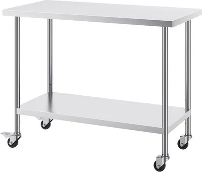 Produktbild von Stahltisch, 61 x 121,9 x 95,4 cm, höhenverstellbar, mit 3 Ebenen, 4 Rädern, ideal für Küche und Werkstatt, Farbe: Silber