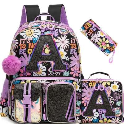 Immagine prodotto di Set di zaino per scuola, modello femminile, composto da 3 pezzi: zaino ergonomico, borsa per il pranzo e astuccio, marca E-flower A