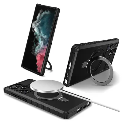 Immagine prodotto di Custodia per Samsung Galaxy S22 Ultra 5G magnetica con MagSafe, supporto per anello, supporto, custodia protettiva a doppio strato nera
