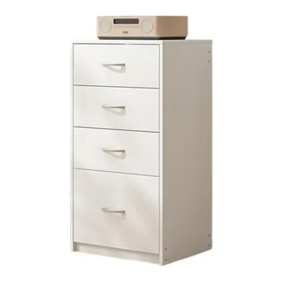 A white chest of drawers with a small electronic device on top.