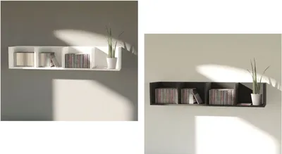 Two images of a wall shelf with compartments, one white and one black, each displaying CDs and a plant.