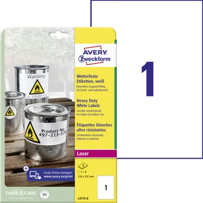 Produktbild von Avery Zweckform L4775-8 Wetterfeste Folien-Etiketten, 210 x 297 mm, 8 Bogen/8 Etiketten, weiß