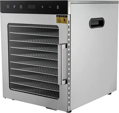 Obrázek produktu pro Nerezový sušič na potraviny s 10 nerezovými mřížkami, sušička o výkonu 800 W s LED ovládacím panelem, nastavitelná teplota 30-90 °C, 24hodinový časovač, sušička na zeleninu, ovoce a maso
