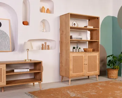 A living room scene featuring a wooden bookshelf and a media console.