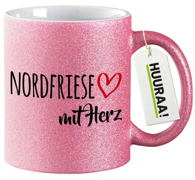 Produktbild von Huuraa Glitzertasse Nordfriese mit Herz 330ml Pink Keramik Kaffeebecher Geschenkidee