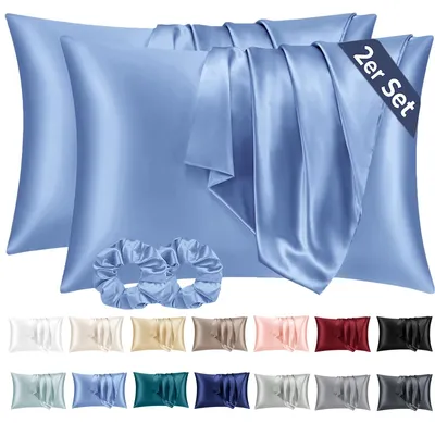 Produktbild von Set mit 2 Satin-Kissenbezügen, 70 x 40 cm, blau, seidig weich, pflegeleichter als Seidenkissenbezüge, Satin-Kissenbezug für Haar und Haut, inklusive 2 Haargummis
