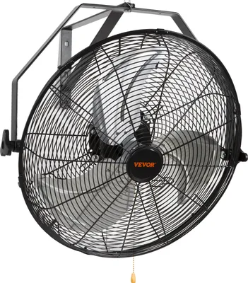 A black oscillating wall fan with a metal grille and silver blades, mounted on a black bracket against a white background.
