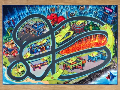 Produktbild von SkippiDoo Straßenteppich – Monster City XL – Spielteppich 200 x 140 cm, Autoteppich mit Breiten Straßen & großen Parkplätzen, Rutschfest