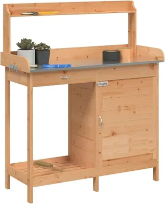 Produktbild von Garten-Pflanztisch mit Schrank, Pflanzbank aus Holz, Arbeitsstation mit Haken, Regalen und Schublade für Terrassen/Innenhöfe, Braun