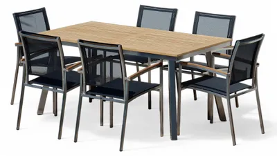 Produktbild von ALEOS. Gartengarnitur Edelstahl Teak Set Tisch Nassau 160x90 cm + 6 stapelbare Sessel schwarze Batyline Bespannung Stapelsessel A-Grade Teak Holz Gastroqualität Gartenmöbelgarnitur Esstischset