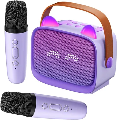 Productafbeelding van Mini karaokemachine - Draagbare speaker - Muziekfeest thuis - 5 stemvervormers - 14.7 cm - Paars