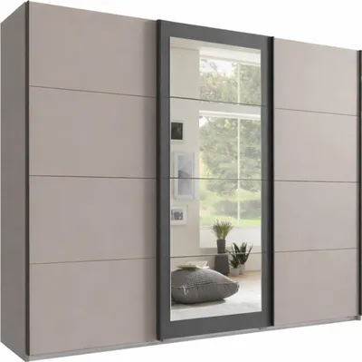 Productafbeelding van Schuifdeurenkast, garderobekast, 3 deuren met spiegel, inclusief accessoires, in zandgrijs / 22007