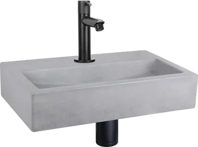 Produktbild von Differnz Flat Waschbecken-Set 38x24x7 cm – Beton-Waschbecken Hellgrau Mit Armatur – Gerade Kaltwasserarmatur Mattschwarz – Mit Siphon & Ablauf – Gäste-WC Waschbecken – Rechteckig