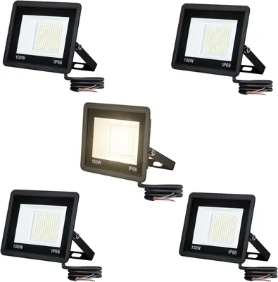Immagine prodotto di LILIIN, set di 5 faretti LED da 100W, estremamente luminosi, con luce bianca calda, in alluminio, ideali per giardino, cortile, garage e case vacanza