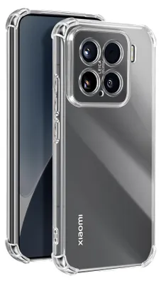 A clear protective case for a smartphone is shown from a diagonal angle, highlighting its design and camera module.