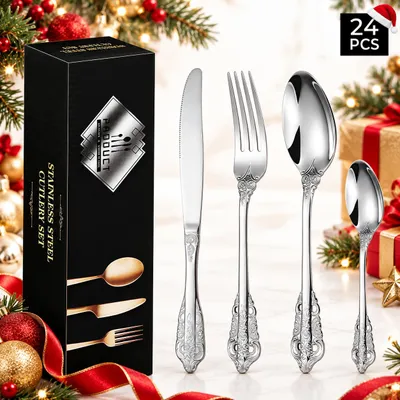 Produktbild von Besteckset 24-teilig für 6 Personen, Edelstahl Besteck Set mit geprägten Griffen, Vintage Palast-Stil, Spülmaschinenfest, inkl. Geschenkbox, Silber