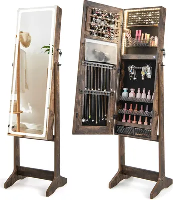 Produktbild von GOPLUS Schmuckschrank mit Spiegel, Spiegelschrank mit LED-Beleuchtung, Schmuckspiegel, Schmuck-Organizer abschließbar, Walnuss