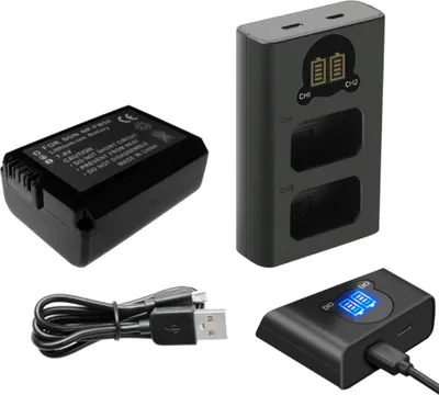 Produktbild von Trade-Shop 2in1 Set: Akku 1300mAh + USB-C Dual LCD Schnell-Ladegerät für 2 Akkus für Sony Kamera Digicam Camcorder wie Alpha 7 NEX-3 NEX-3N NEX-5