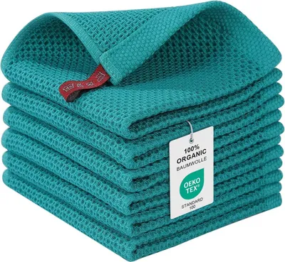 Produktbild von 6er Set Baumwolle Geschirrtücher 30x30 cm Saugfähig Blaugrün Waffeldesign