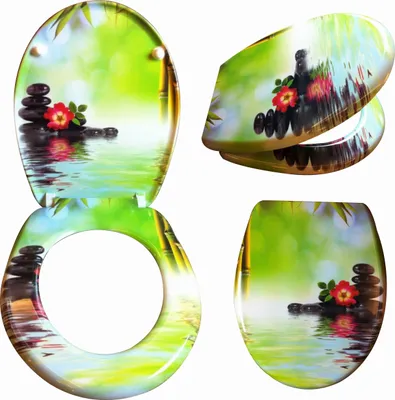 A collage of toilet seat and lid with a zen-like design of stacked stones, a red flower, and bamboo leaves reflected in water.