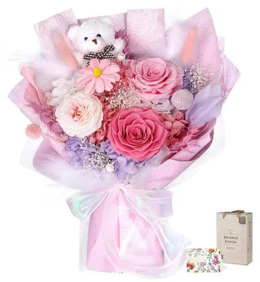 Blumenstrauß mit 7 ewigen roten Rosen und Bär – Geschenk für Frauen