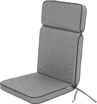 A grey chair cushion with black piping, shown from the front against a white background.