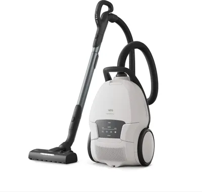 A white bagless vacuum cleaner with a gray handle and hose, shown on a white background.