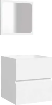A white bathroom cabinet with a mirror above it, presented on a white background.