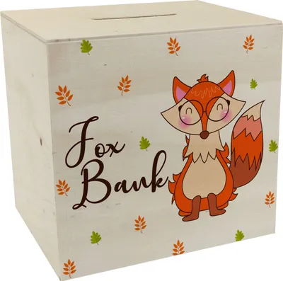 Produktbild von Fuchs Spardose aus Holz mit Spruch Fox Bank