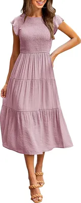 Produktbild von ASKSA Damen Elegant Kleid Maxikleid A-Linie Swing Boho Flatterärmel Kleider, Rosa, S