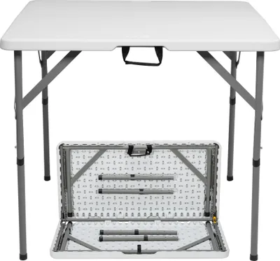 A white folding table is shown in its upright, open position, with its folded form displayed underneath.