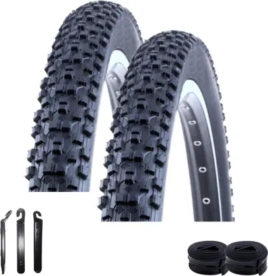 Zdjęcie produktu dla 2 x Kenda K-1027 MTB opona rowerowa czarna 54-559 (26 x 2,10) + 2 pasujące dętki AV wraz z łyżkami do opon