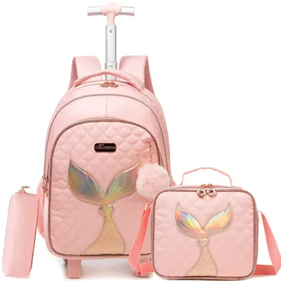 Produktbild von Schultaschen-Set Trolley mit Lunchtasche und Federmäppchen für Mädchen, Rosa
