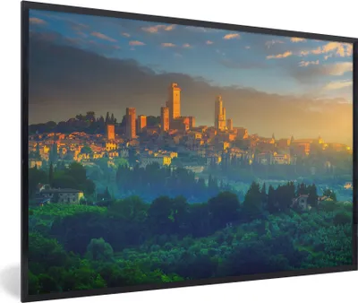 Produktbild von MuchoWow® MuchoWow® Gerahmtes Poster Sonnenaufgang über San Gimignano in der Toskana, Italien 60x40 cm - Poster mit zchwarzem Bilderrahmen - Printing - Wanddeko Schlafzimmer