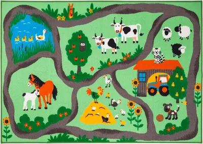 Produktbild von Kinderteppich - 80 x 150 cm - Grün - Polyester - Bauernhof-Motiv